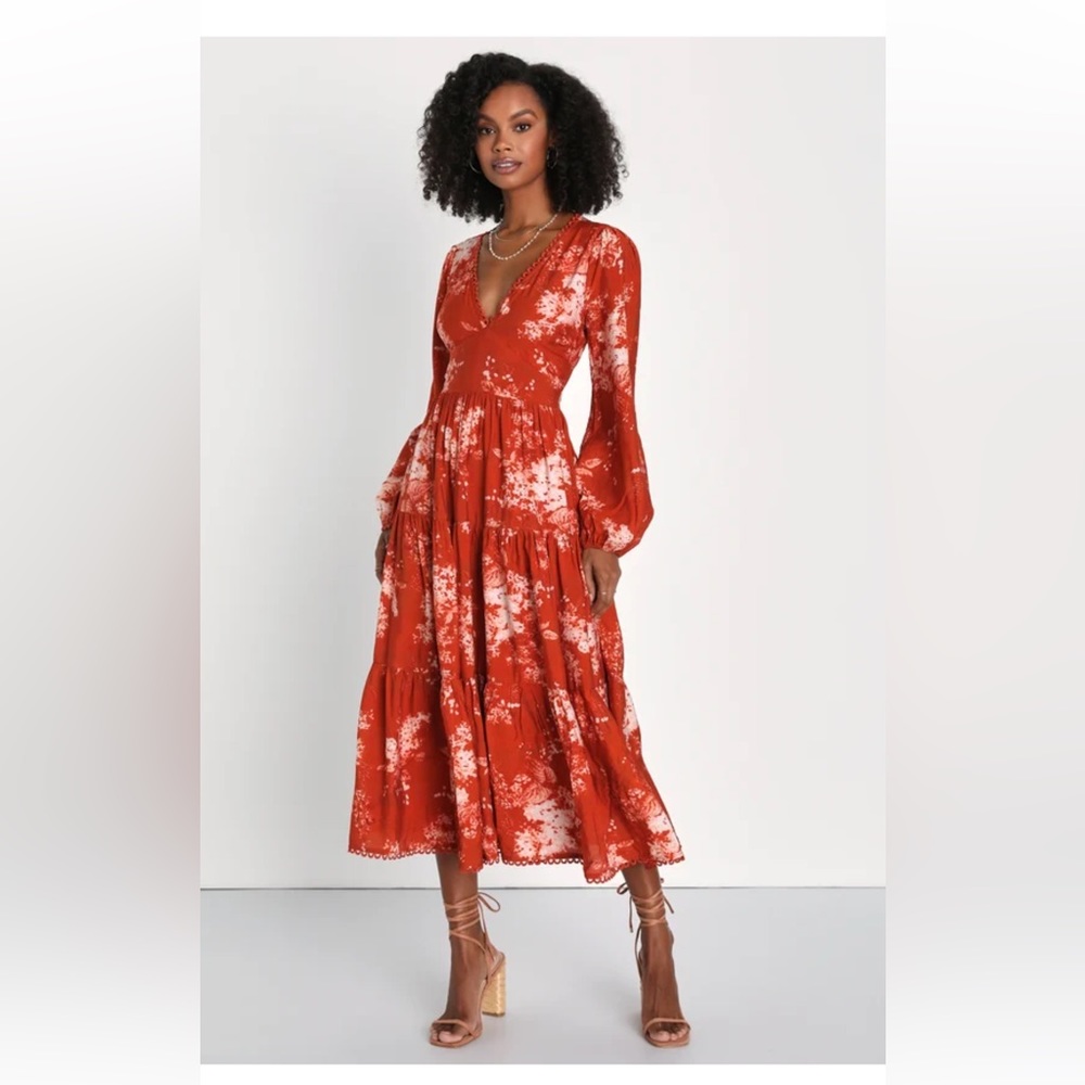 Lulus Striking Impression Orange Floral Print Tiered Midi Dress